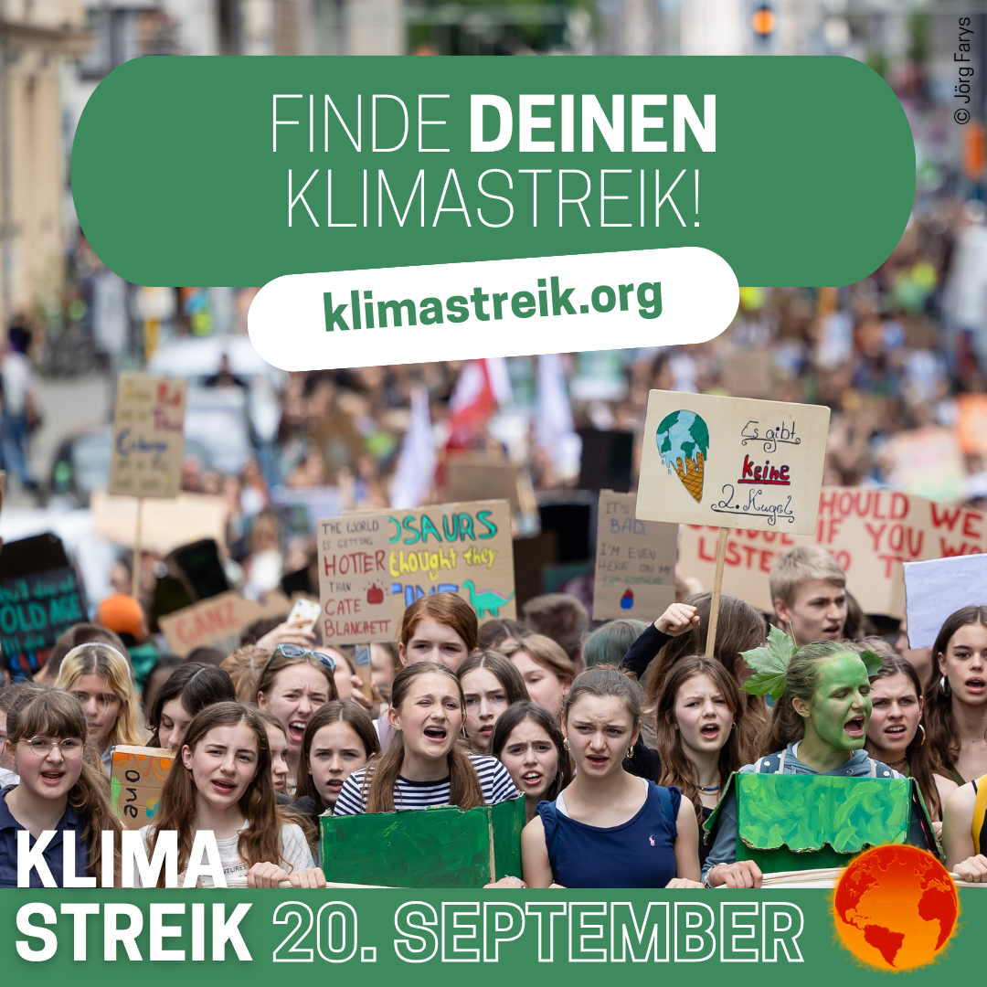 Streikaufruf: Finde deinen Klimastreik, hinterlegt mit einem Bild demonstrierender Jugendlicher