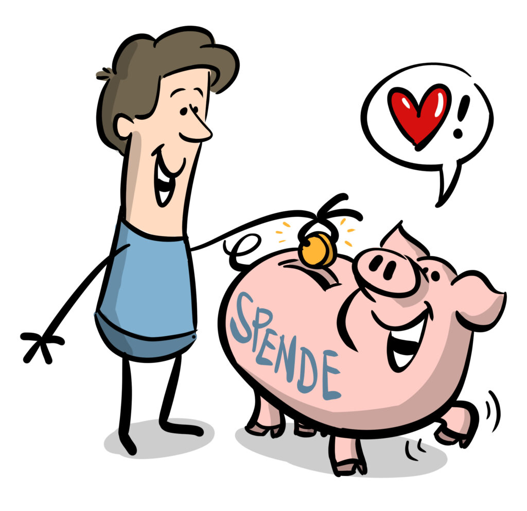 Cartoon - Ein Mensch wirft eine Münze in ein Sparschwein